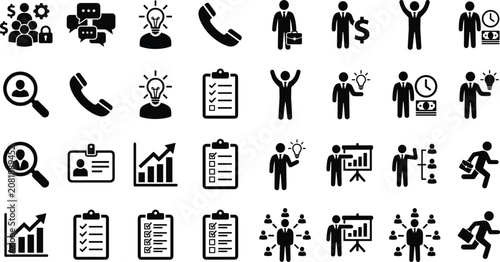 Business management and human resources black glyph icon set featuring corporate strategy success and network workflow elements