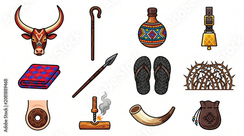 Collection of Traditional Maasai Cultural Artifacts and Tribal Tools Vector Illustrations Set