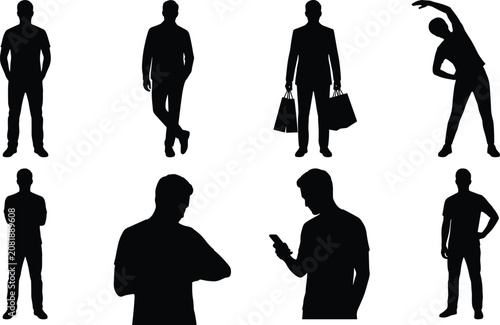 People Silhouette Vector Set with Standing Walking Shopping and Fitness Poses