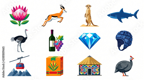 South African culture and wildlife icons with springbok, meerkat, protea flower, diamond, wine, and traditional Ndebele house