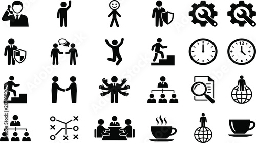 Business management and human resources glyph icon set featuring corporate strategy teamwork workflow and career growth elements