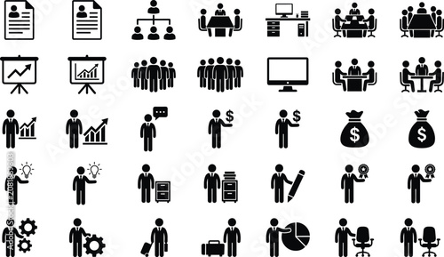 Business management and human resources icon set featuring corporate teamwork finance office workflow and career growth glyphs
