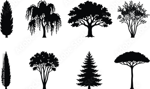 Tree Silhouette Vector Bundle Featuring Diverse Forest and Ornamental Trees on White Background