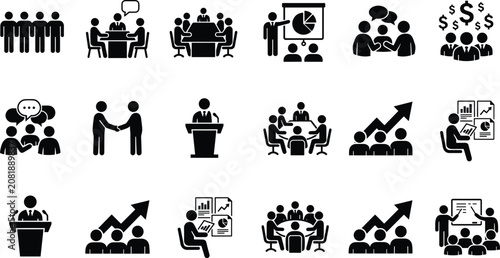 Business meeting and corporate management icon set featuring teamwork presentation conference leadership and financial growth glyphs