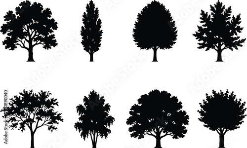 Tree Silhouette Vector Collection with Diverse Forest and Landscape Trees on White Background