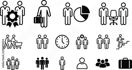 Business people line icon set representing corporate management human resources teamwork time planning and career growth