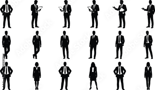 Business people vector silhouette set featuring diverse male and female corporate executives presenting gesturing and holding documents
