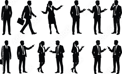 Business people vector silhouette set featuring professional corporate executives talking presenting communicating and walking in suits