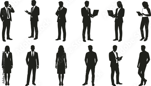 Business people vector silhouette set featuring professional executives working on laptops tablets and mobile phones