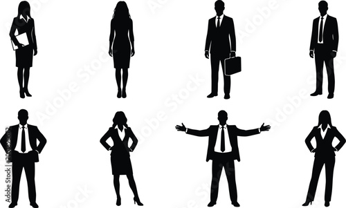 Business people vector silhouette set featuring professional male and female corporate executives in formal suits standing confidently