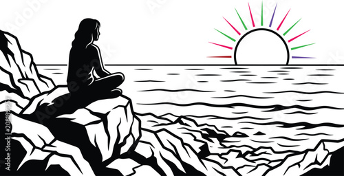 Obraz na plátně Silhouette of a person meditating by the sea with a colorful sunburst vector ill