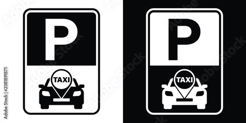 Foto Taxi parking sign icon showing front view of a cab with location pin