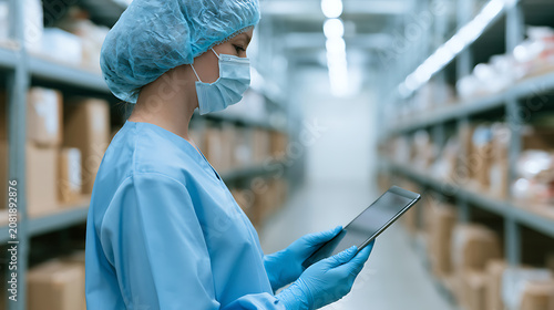 Medical professional in protective gear use a digital tablet to manage inventory in a clean, industrial warehouse setting, ensuring efficient logistics