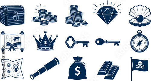 Foto Pirate-themed icons showcase treasure, symbols, and tools on a white background