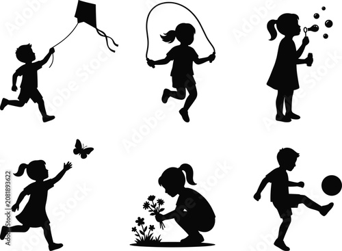 Children Playing Activities Silhouette Collection with Outdoor Games and Fun Kids Vector Set