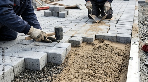 Workers installing concrete stone pavers on a sand foundation