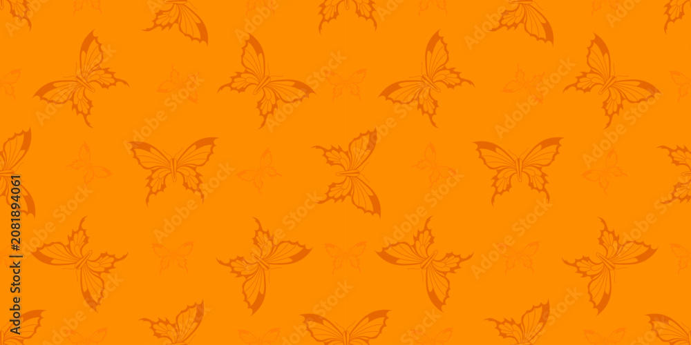 Fototapeta premium Seamless orange butterfly pattern with tonal silhouette motifs, perfect for fabric printing, wallpaper, gift wrapping, kids fashion and boho textile design