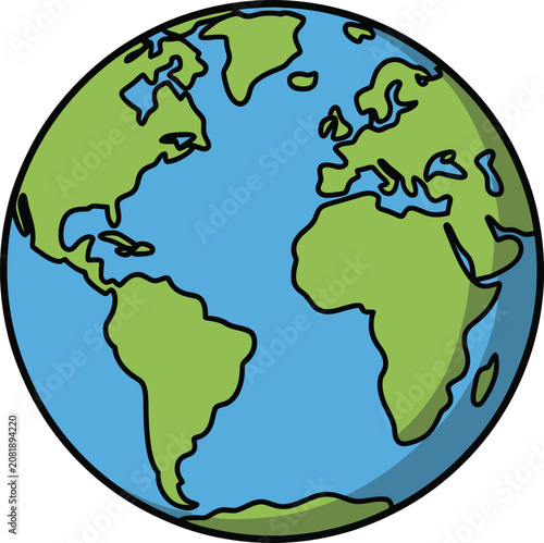 Flat of planet earth, featuring green continents and blue oceans with bold black outlines on a white background