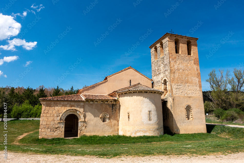 Obraz premium Romanesque Abside and Bell Tower of the 12th Century Hermitage of Nuestra Señora de las Vegas in Requijada, Segovia, Castile and Leon, Spain