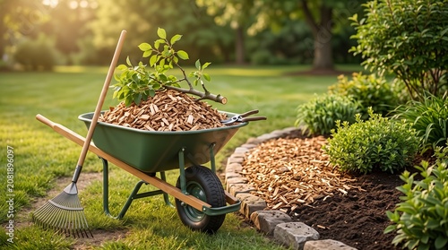 Wheelbarrow Wood Chips Garden Mulch standing on lawn with rake ready for spreading in backyard suitable for domestic landscaping tutorials and spring gardening chores
