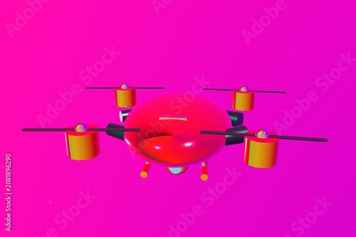 Futuristic autonomous delivery drone quadcopter with metallic glossy finish and vibrant reflection 3D rendering isolated on professional background for technology
