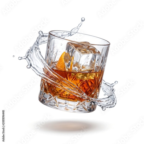 A glass of brown liquid with ice and orange slice splashing water on a white surface