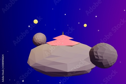 Majestic floating ancient pagoda shrine with glowing crystals nebula cosmic space background for mystical spiritual and celestial architecture visualization
