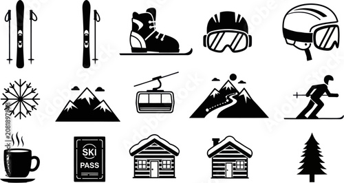 Foto Black ski resort icons showcase various winter sports equipment and scenery