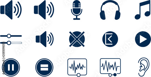 Obraz na plátne Audio icons depict various sound and music symbols on a white background
