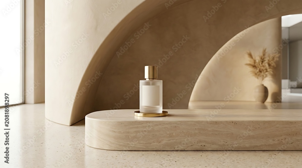 Obraz premium Minimalist perfume bottle on marble pedestal with arched backdrop