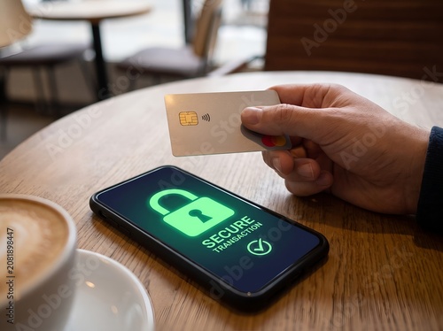 Hand using credit card for secure mobile transaction on smartphone in cafe setting