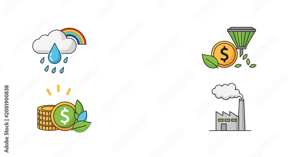 Fototapeta premium Eco friendly business icons, sustainable finance symbols, green economy logos, eco commerce signs