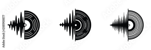 Black vinyl record icons with sound wave patterns for music design