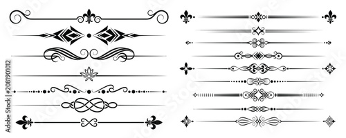 Set of black vintage decorative page dividers and floral borders