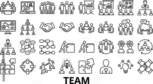 Corporate teamwork and business collaboration line icons set for strategic partnership leadership structure employee workflow management