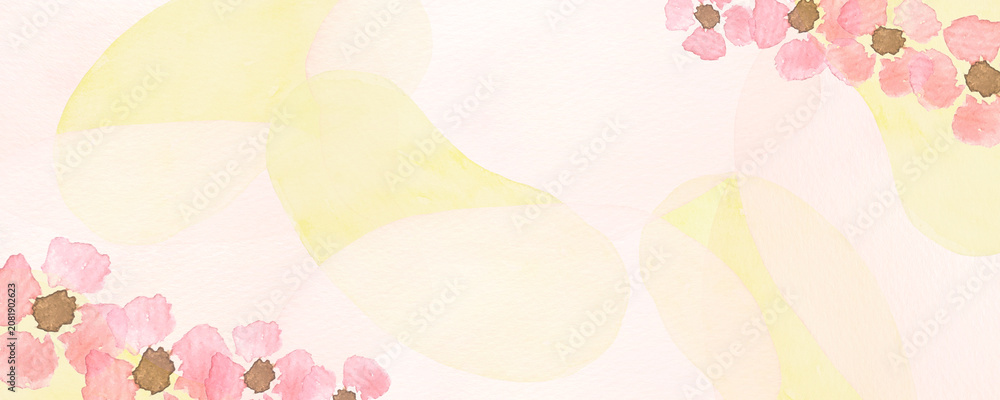 Obraz premium ピンクと黄色の水彩絵の具で描いたピンクの花の背景