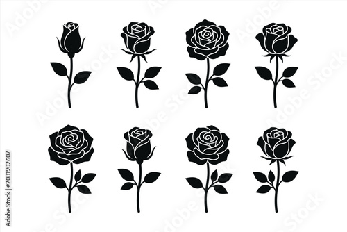Set of black and white rose icons