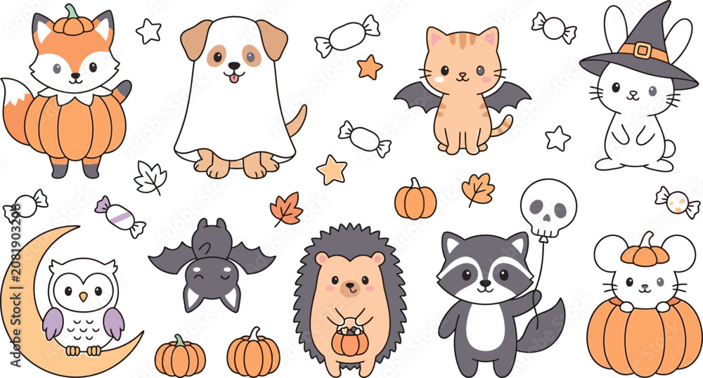 Fototapeta premium Cute Halloween Animals Vector Illustration Clipart Set with Kawaii Fox Dog Ghost and Witch Cat