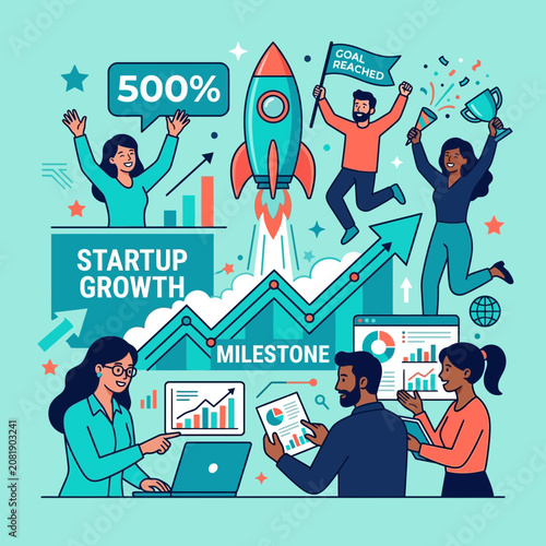 Startup Success Growth Journey Milestone Achievement And Business Rocket Launch Illustration