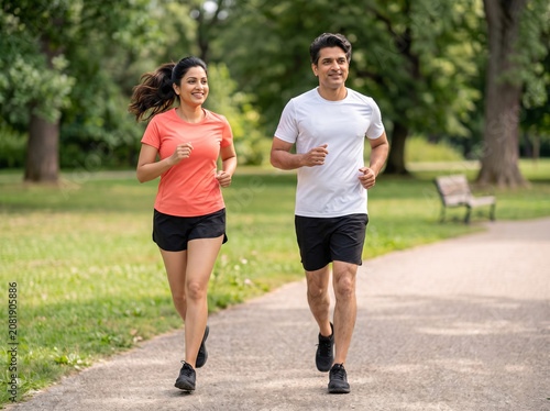 Attractive middle aged Indian couple jogging together in a green park representing fitness healthy lifestyle and active aging concepts