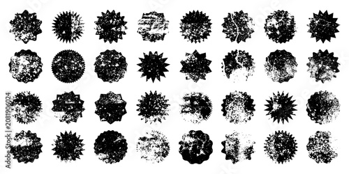Grunge badges, distressed starburst labels, textured sale tags set. Collection of rough vintage shapes with ink splatter and scratched edges for stickers, branding and promotions. Vector illustration