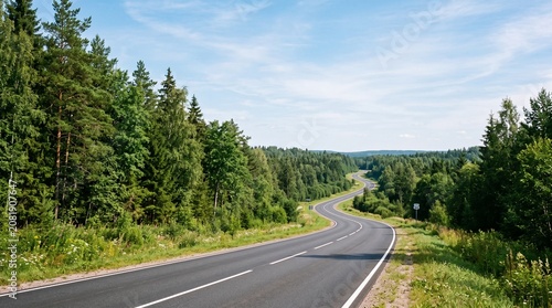 Winding road, forest landscape, highway through trees, scenic route, countryside