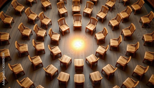 A circular arrangement of identical wooden chairs surrounding a single illuminated center