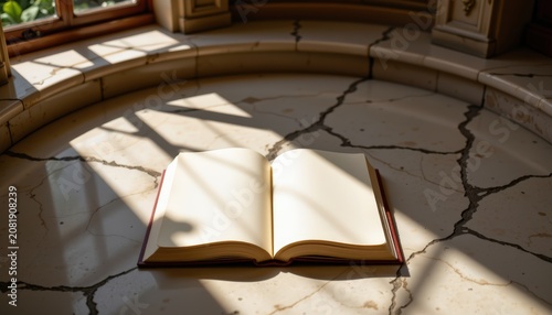 An open book placed at the center of a circular marble floor beneath a large skylight