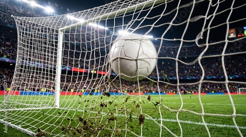Soccer ball flying into goal net, stadium lights shining, soccer field with green grass and white lines