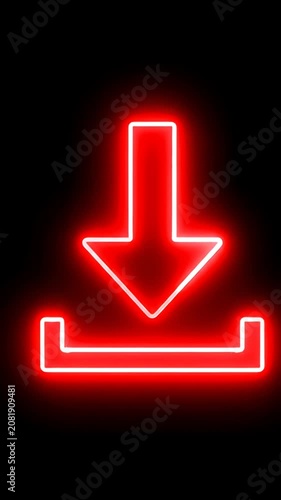 Red neon download arrow icon on black background.