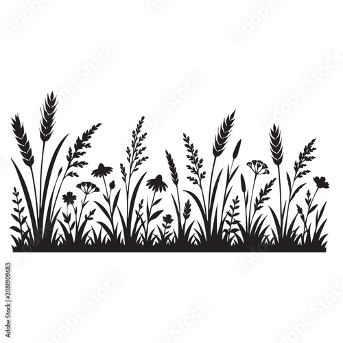 Wild Grass Meadow Flower Border Silhouette Vector Isolated on White Background