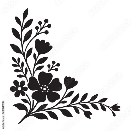 Floral Botanical Corner Border Silhouette Vector Decorative Leaf Frame Isolated on White