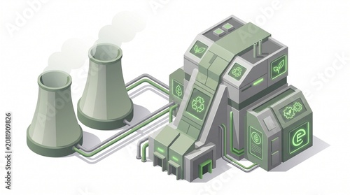 3D Isometric Nuclear Power Plant with Cooling Towers and Eco Energy Interface Vector Illustration