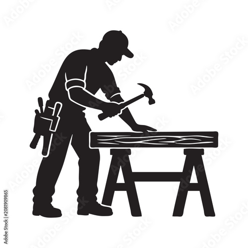 Carpenter Working with Hammer on Wooden Board Silhouette Vector Isolated on White Background